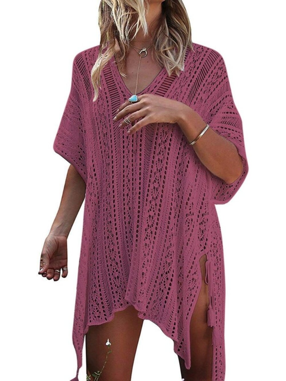 Women's Mauve Polyester Crochet Cover up Swimsuit Breathable Beach Swimwear